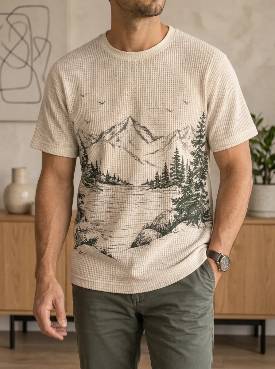 Men's Nature Lover Mountain Forest Landscape Waffle Modern Crew Neck T-Shirt