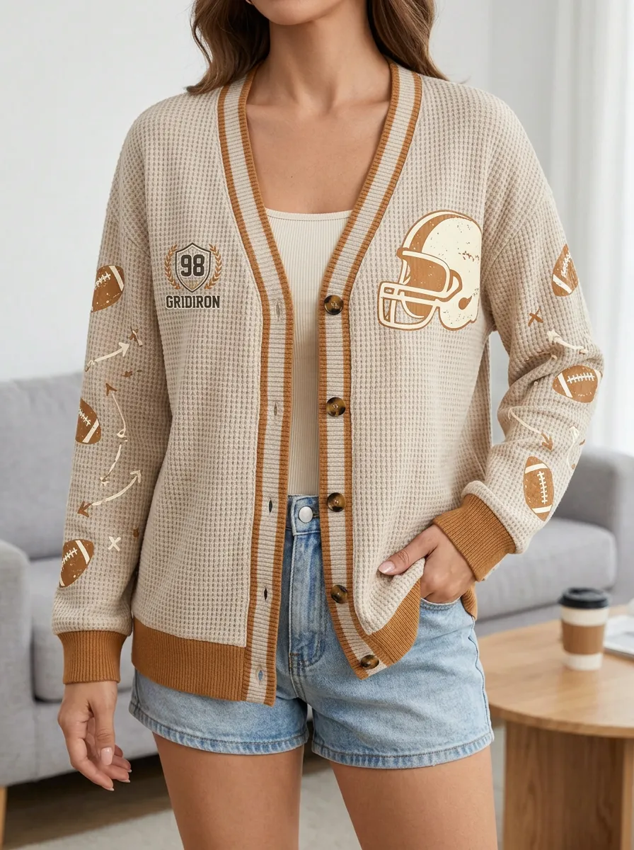 Women's Football Fan Gridiron Helmet Printed Waffle Cardigan
