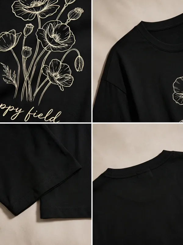 Unisex Nature Lover Poppy Field Line Art Printed T-shirt