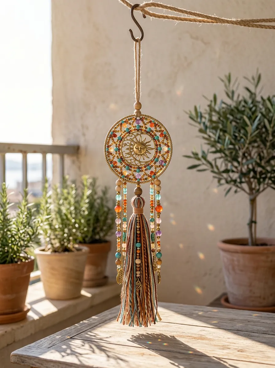Boho Celestial Sun Moon Beaded Tassel Suncatcher