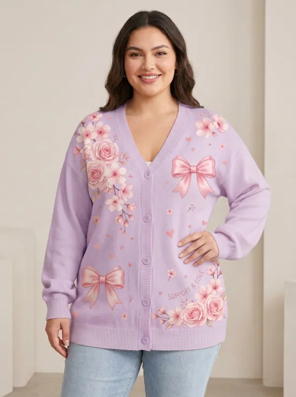 Women's Breast Cancer Awareness Floral Bow Printed Cardigan
