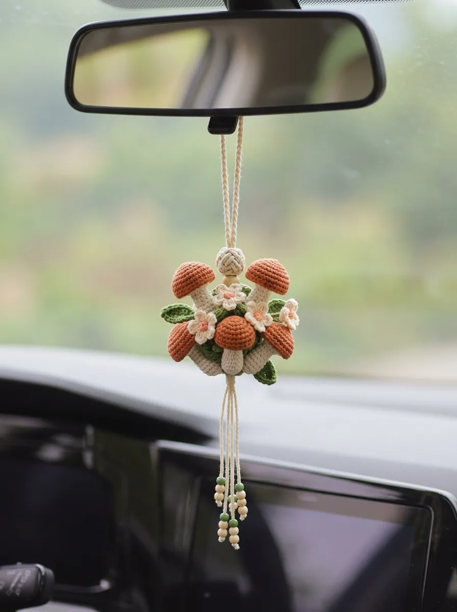 Crochet Mushroom Rearview Mirror Hanging Ornament