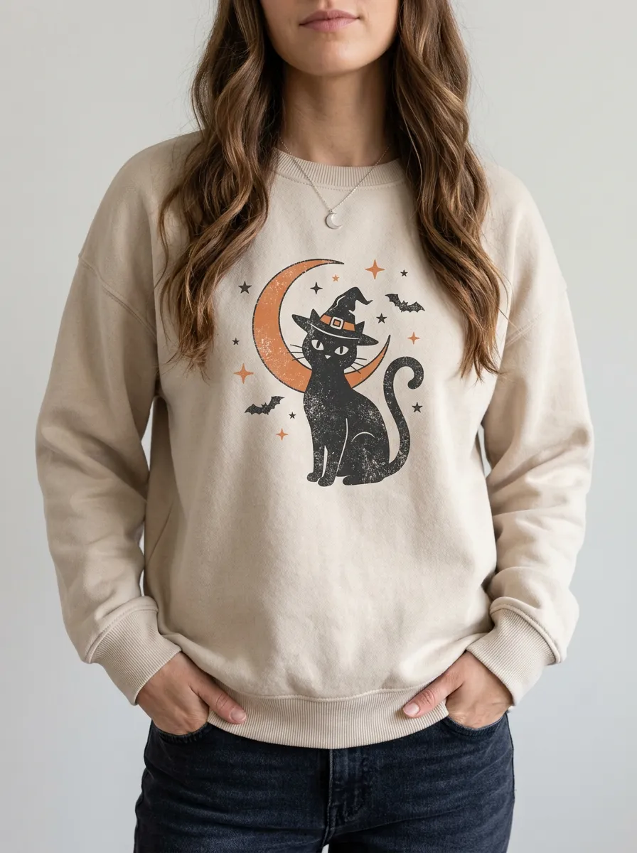 Women's Halloween Witch Cat Moon Bats Printed Sweatshirt