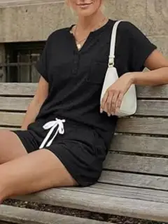 Polished Drawstring Pocketed Top and Shorts Matching Set