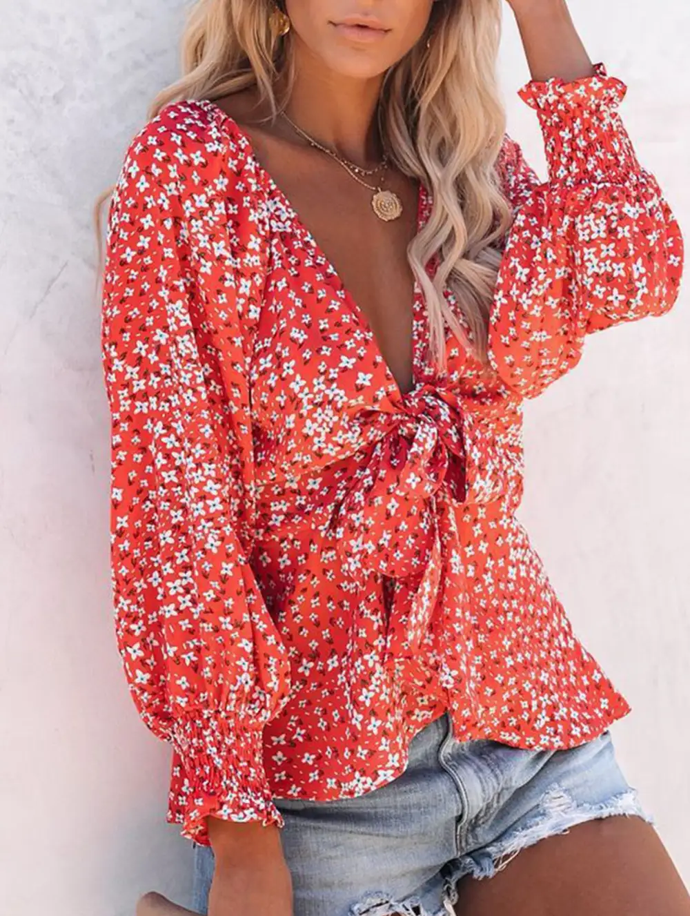 Floral Print V Neck Tie Waist Blouse
