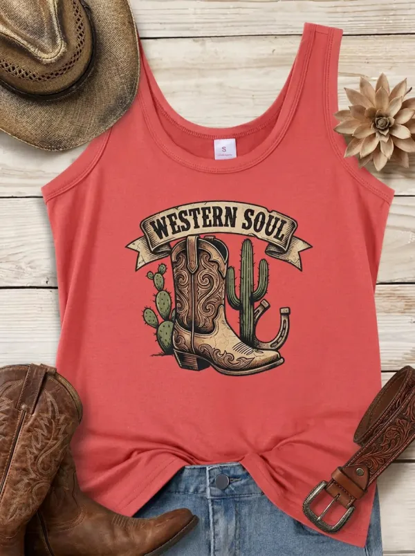 Western Soul Cowboy Boot Cactus Tank Top