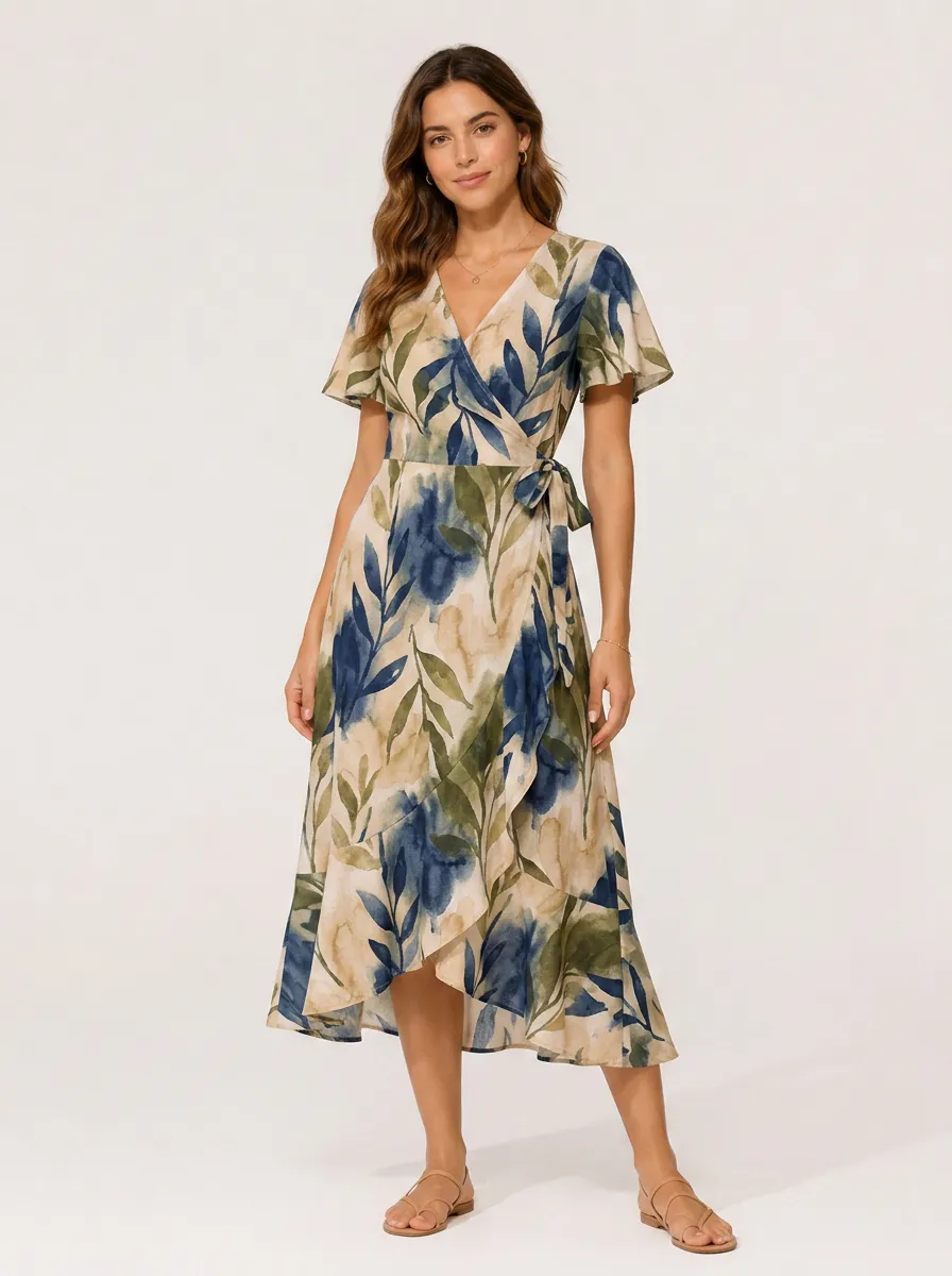 Women's Botanical Watercolor Leaf Printed Wrap Dress