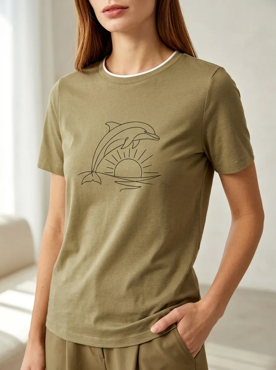 Women's Ocean Lover Dolphin Sunset Line Art Printed T-shirt