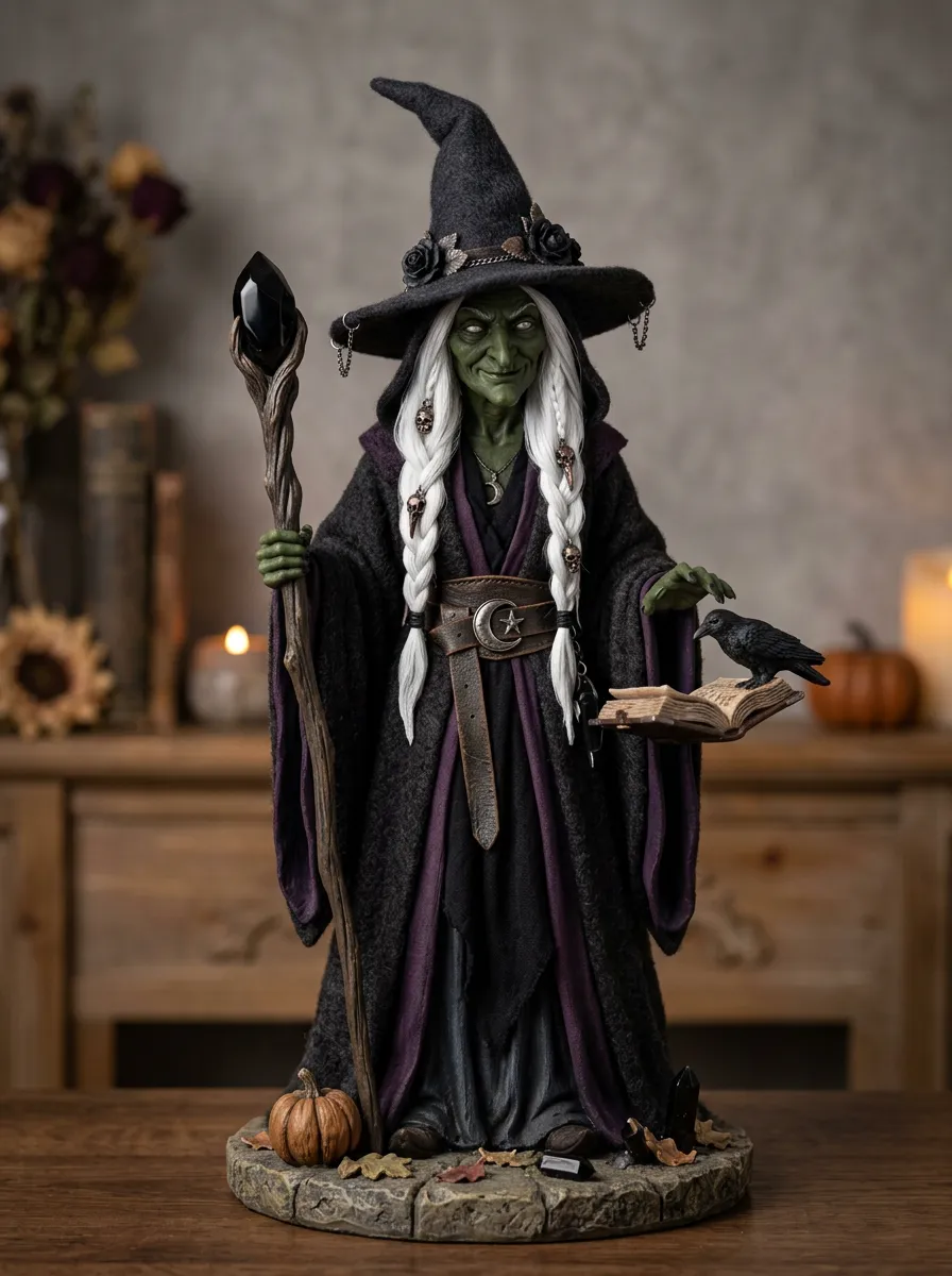 Halloween Witch Raven Crystal Staff Figurine