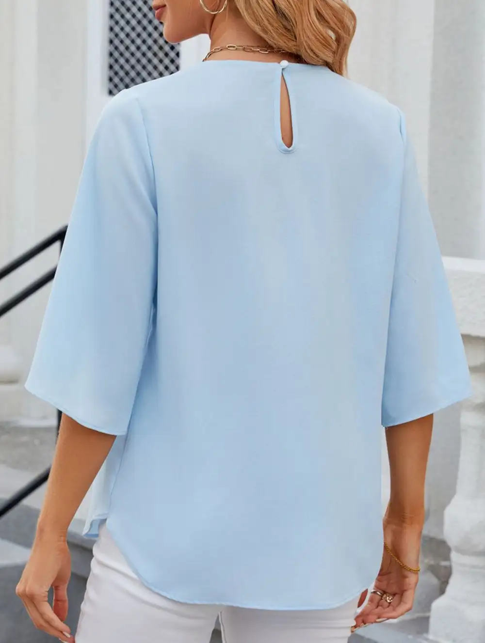 Chiffon Crew Neck Half Sleeve Blouse