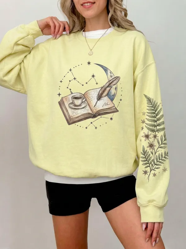 Women's Book Lover Coffee Moon Quill Fern Printed Sweatshirt