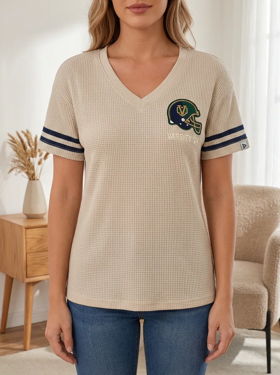 Women's Football Varsity Helmet Printed Waffle Knit Top