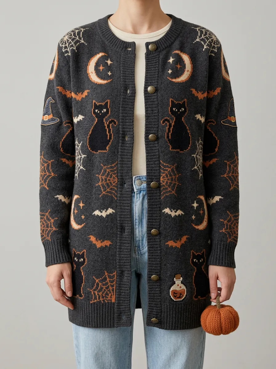 Women's Halloween Witch Cat Moon Spiderweb Printed Cardigan