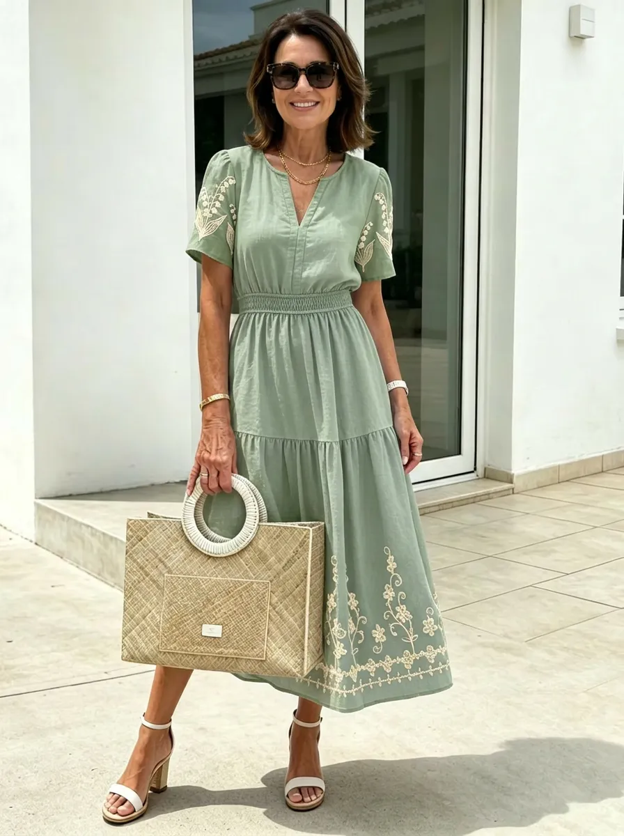 Women's Summer Vacation Floral Embroidered Printed Midi Dress