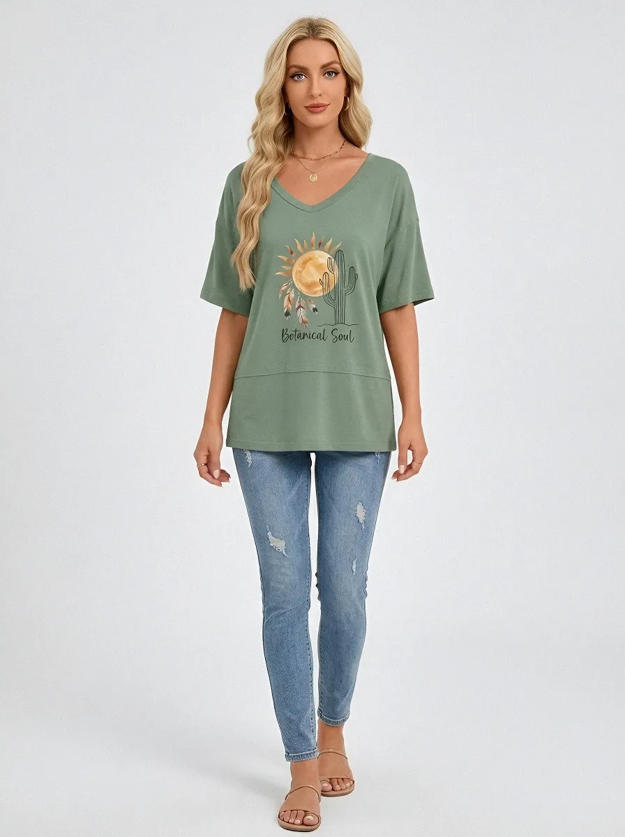 Women's Botanical Soul Cactus Sun Feather Printed V-neck T-shirt
