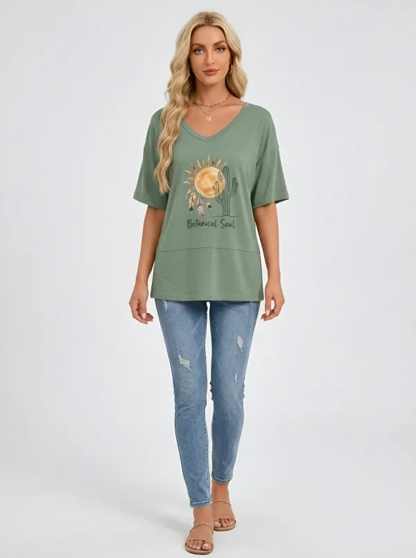 Women's Botanical Soul Cactus Sun Feather Printed V-neck T-shirt