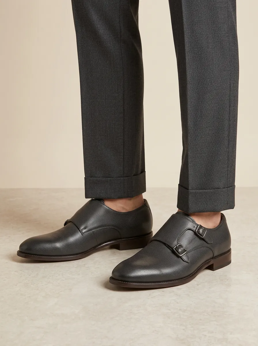 Men's Business Formal Perforated Leather Double Monk Strap Shoes