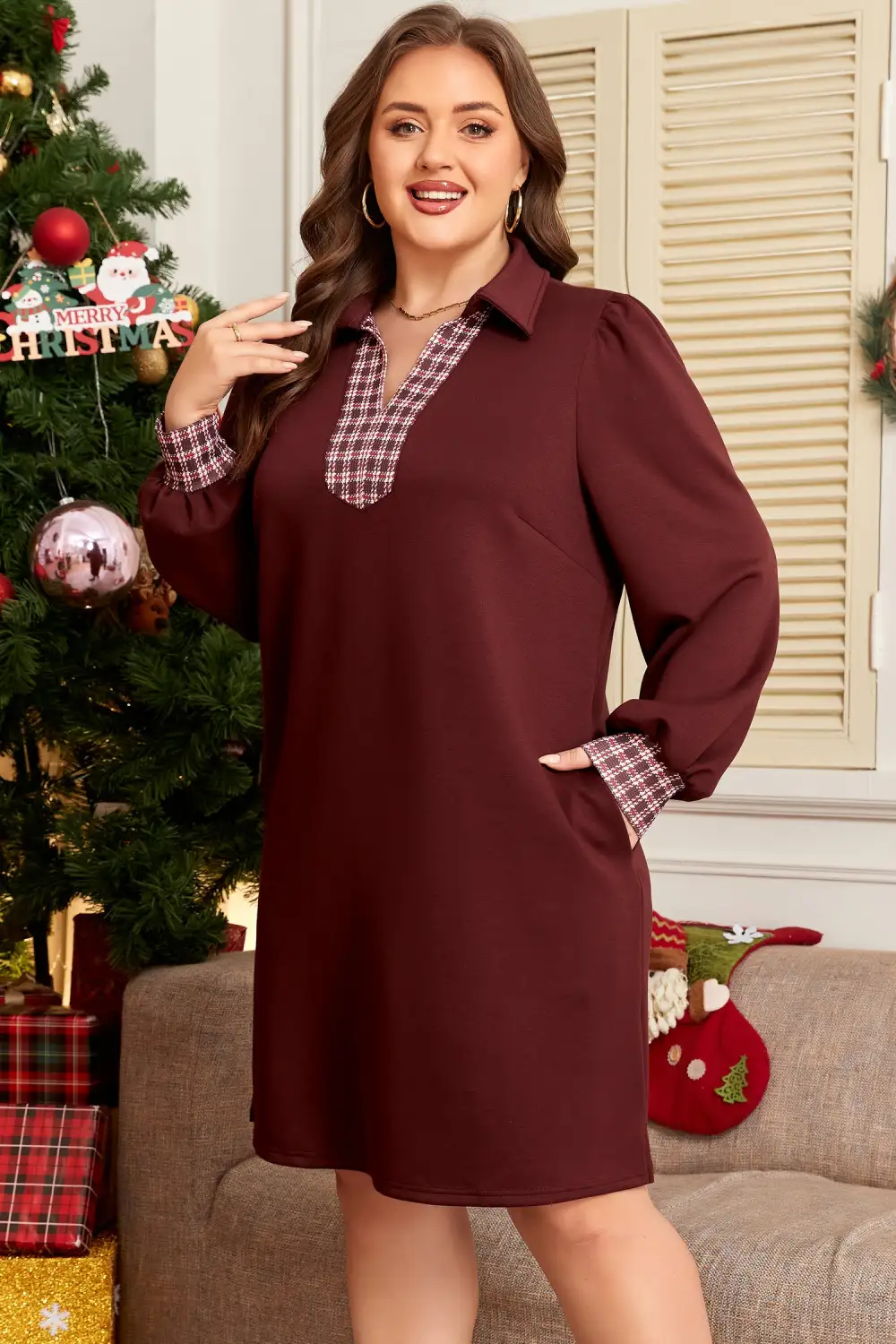 Plaid Patchwork Collared Mini Dress