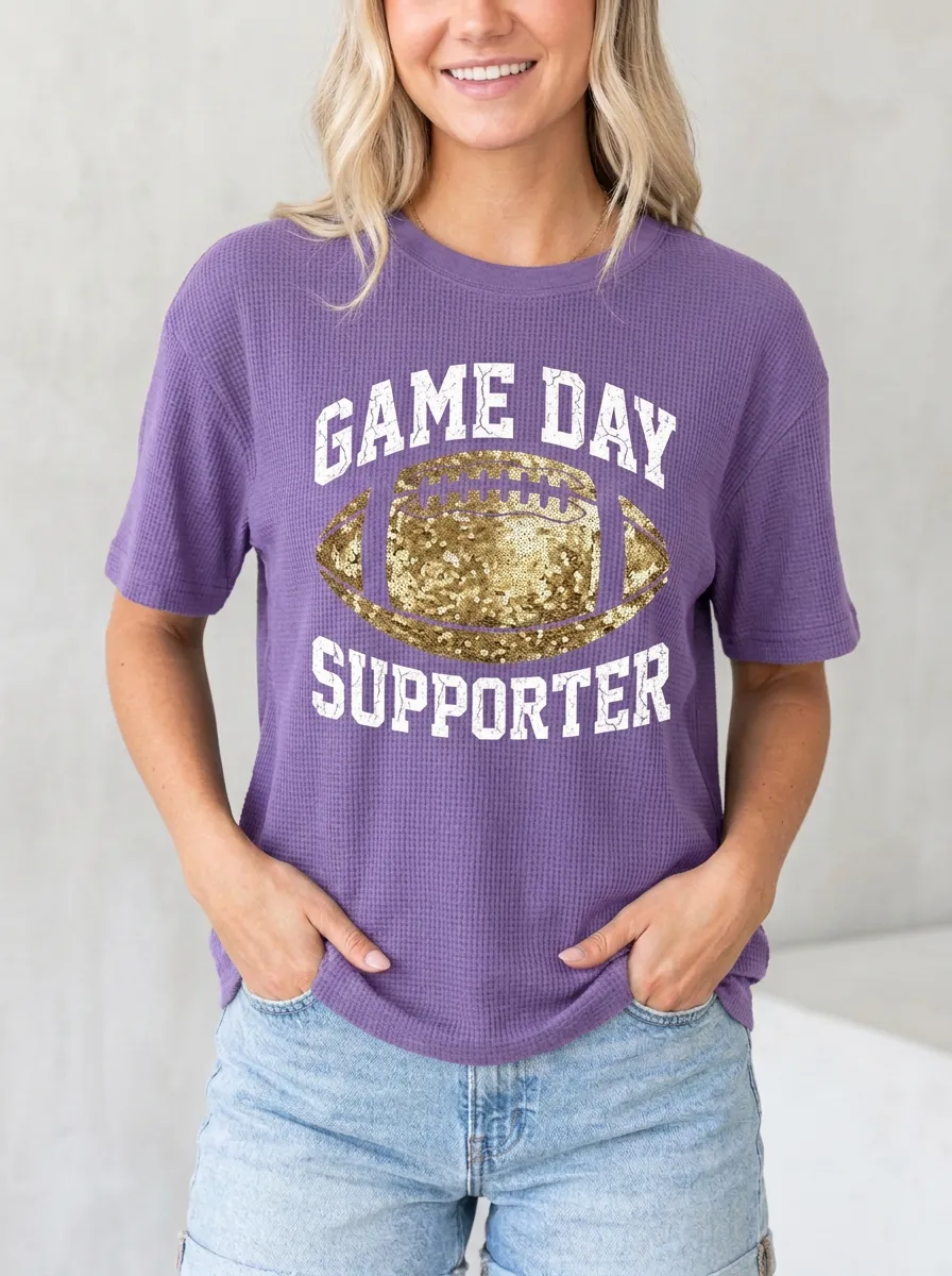 Women's Football Game Day Supporter Gold Sequin Printed Waffle T-Shirt