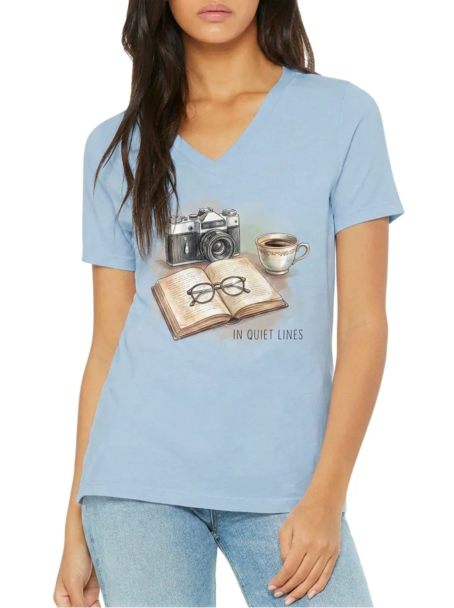 Women's Book Lover Camera Coffee Printed V-neck T-shirt