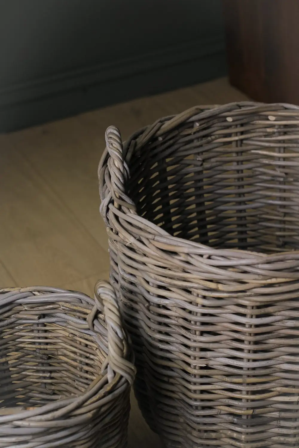 Round Rustic Washed Rattan Storage Basket