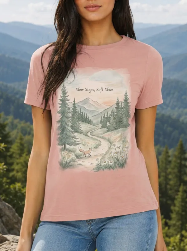 Women's Nature Lover Fox Mountain Forest Printed T-shirt