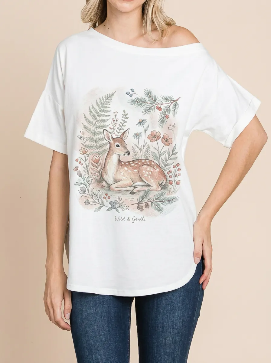 Women's Nature Lover Fawn Floral Printed T-shirt