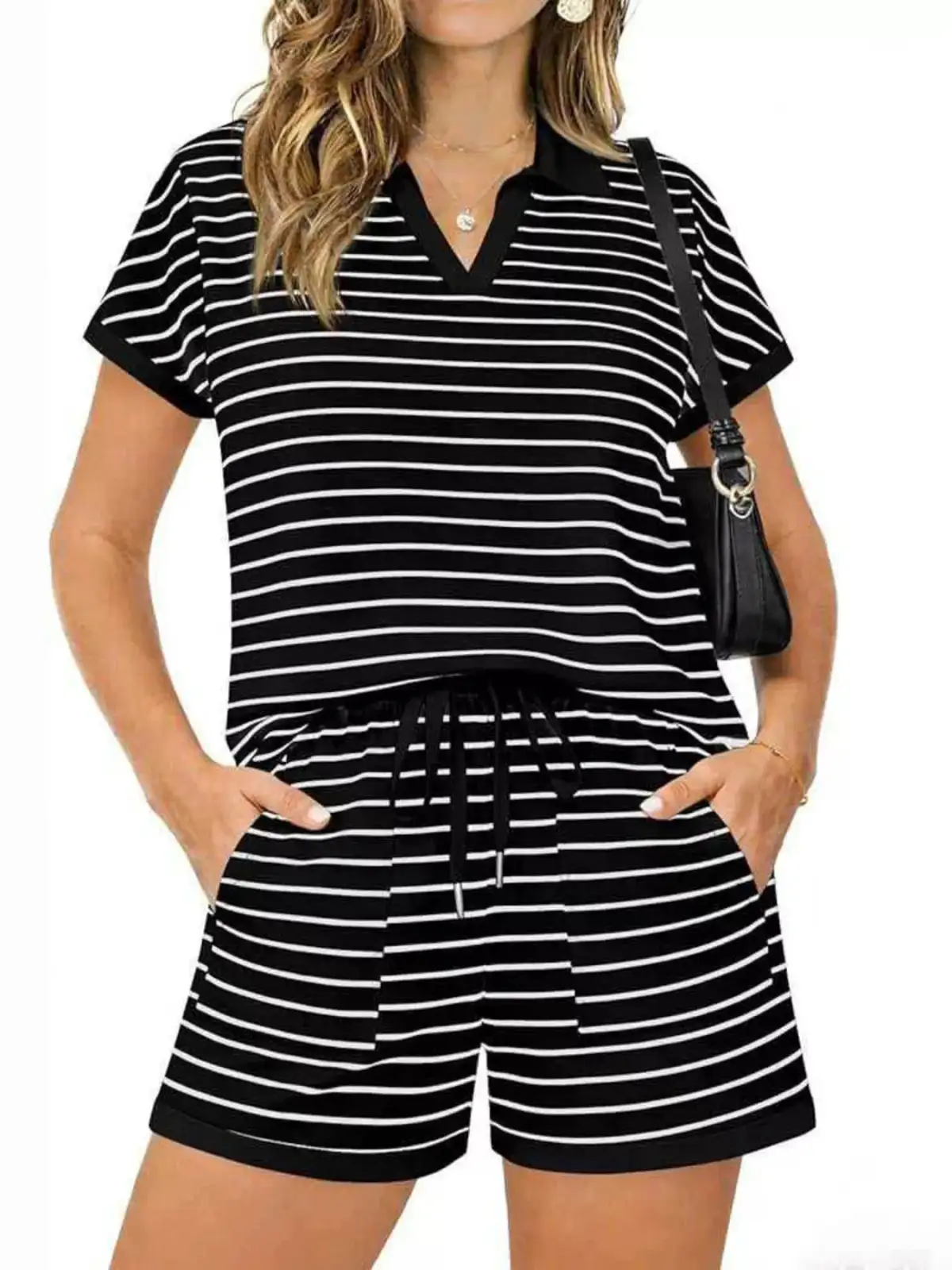 Refined Drawstring Pocketed Striped Top and Shorts Matching Set