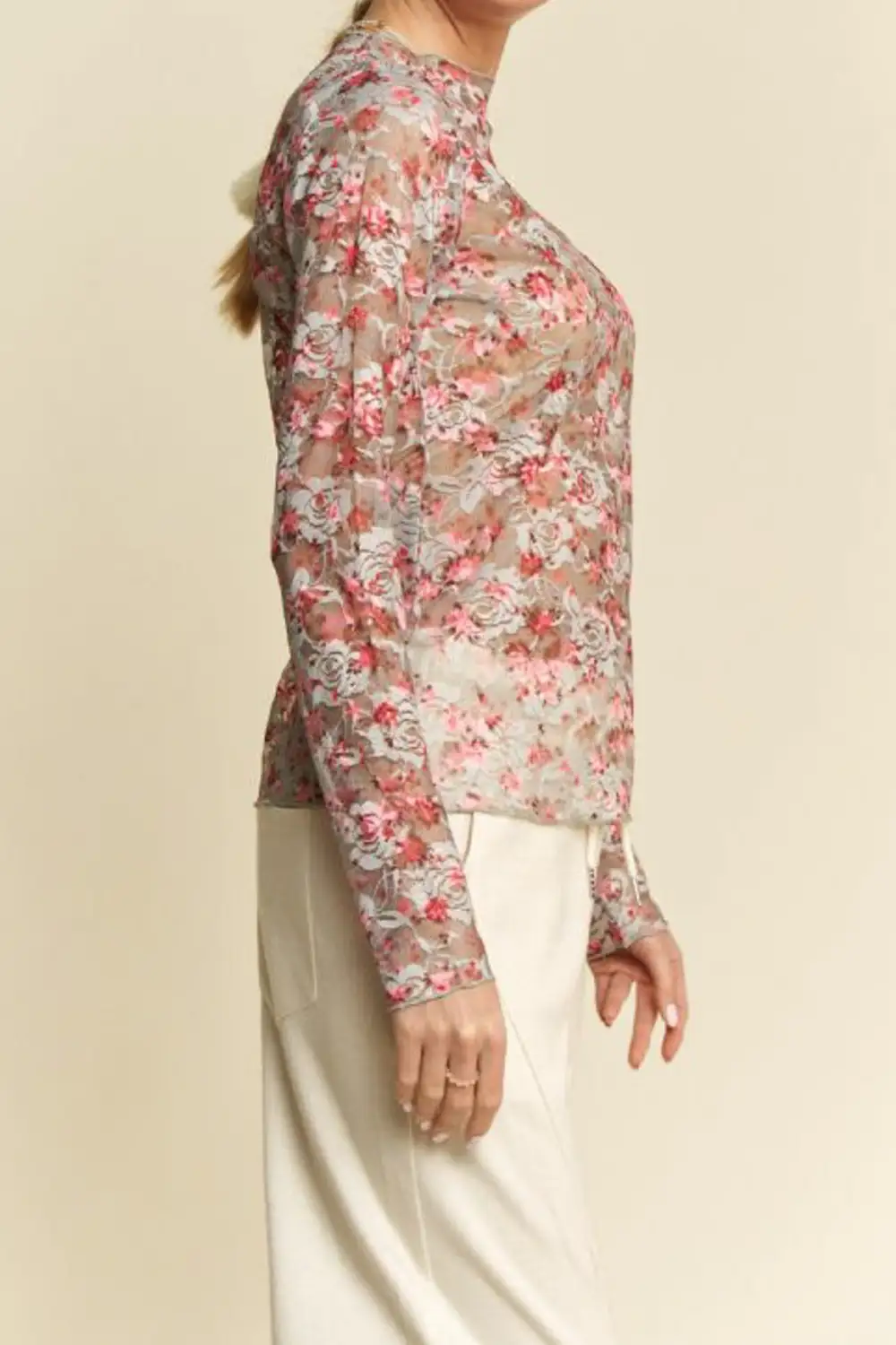 Floral Lace Ruffle Fitted Long Sleeve Top