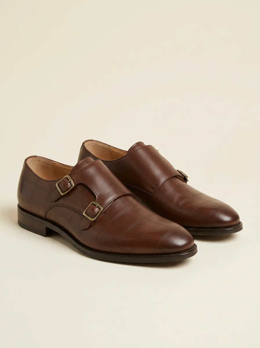 Men's Business Formal Plaid Patterned Double Monk Strap Leather Shoes