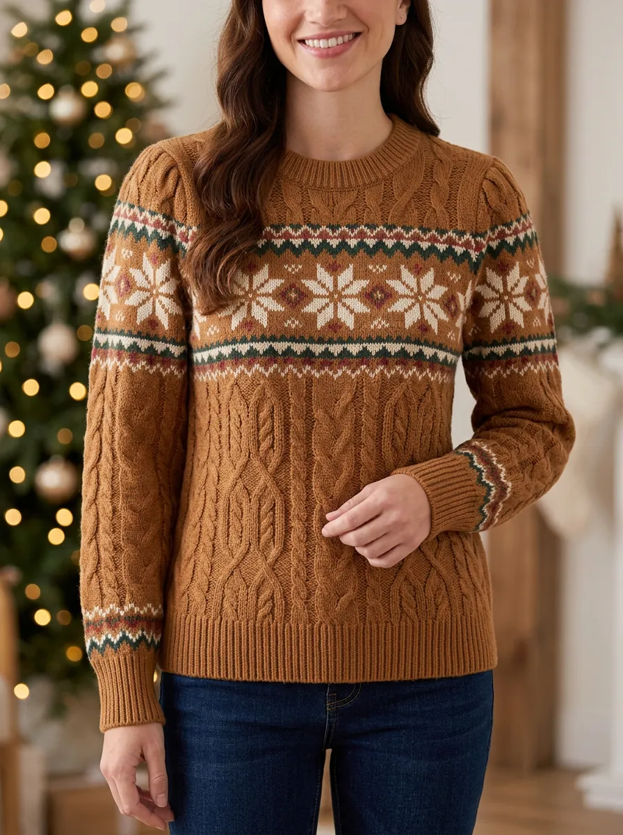Christmas Holiday Snowflake Fair Isle Cable Knit Sweater