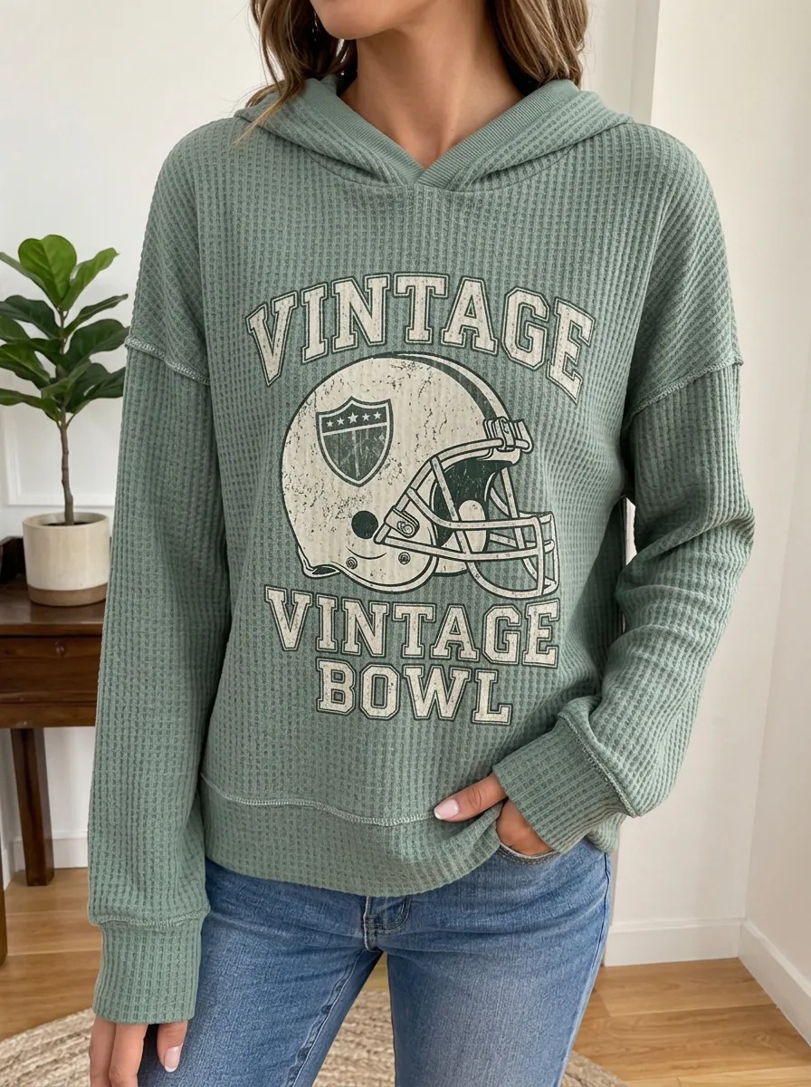 Women's Gridiron Football Lover Vintage Bowl Helmet Printed Waffle Hoodie
