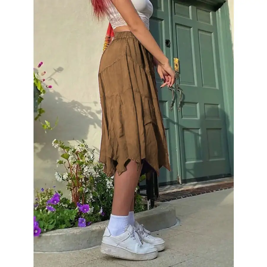 Asymmetrical Hem Midi Skirt with Drawstring Waist