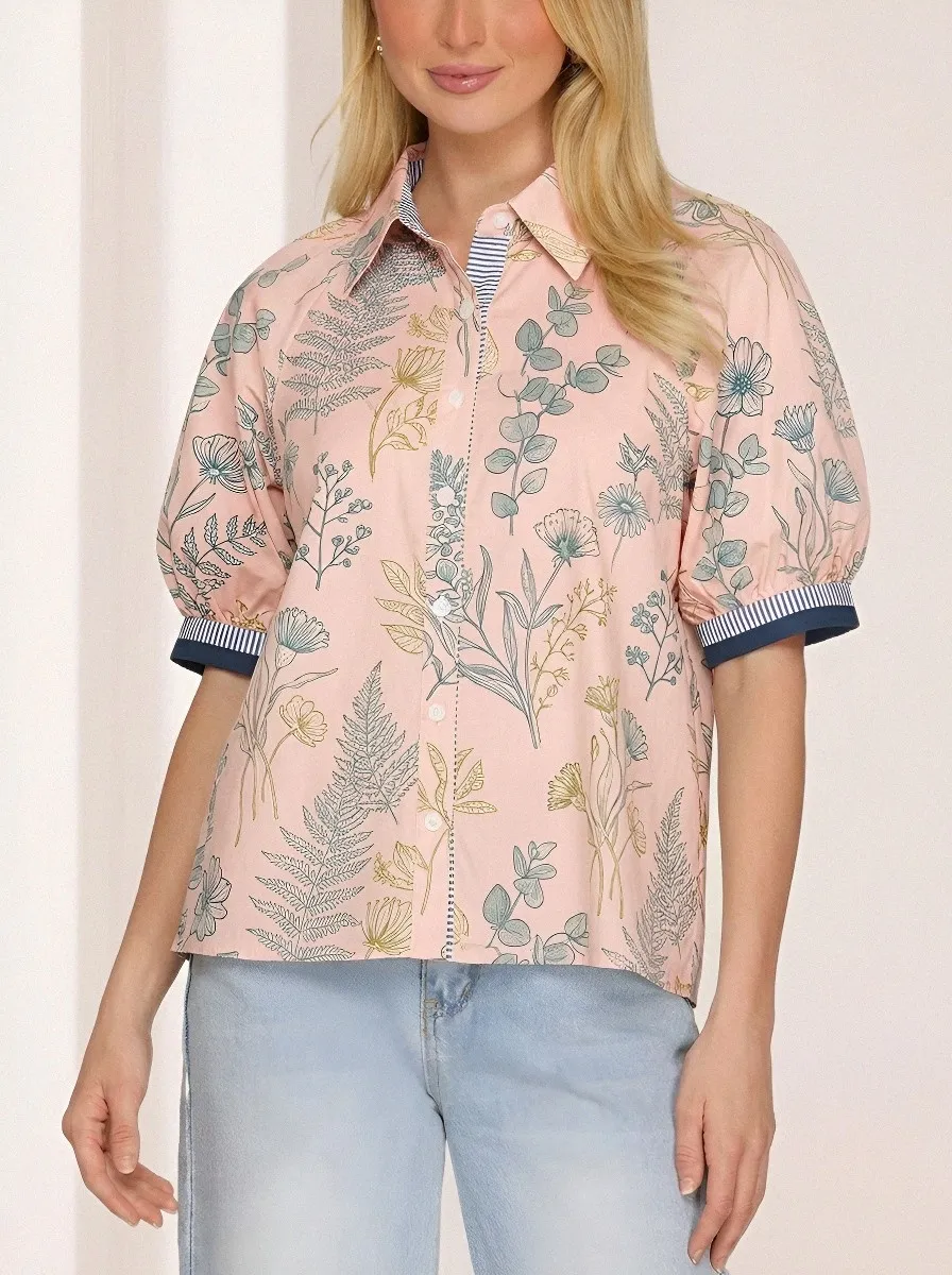 Women's Botanical Nature Lover Fern Floral Printed Button-up Shirt