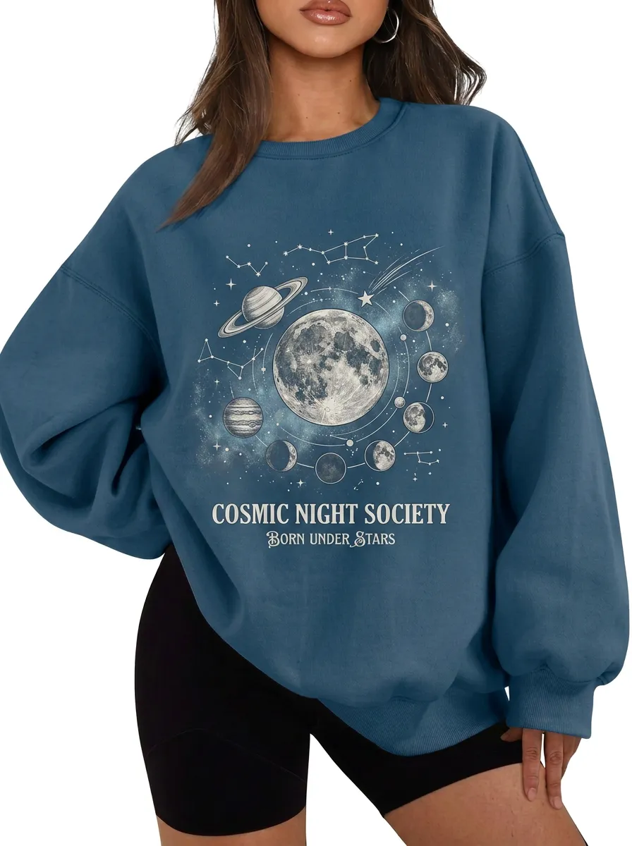 Women's Astronomy Lover Cosmic Moon Planets Printed T-shirt