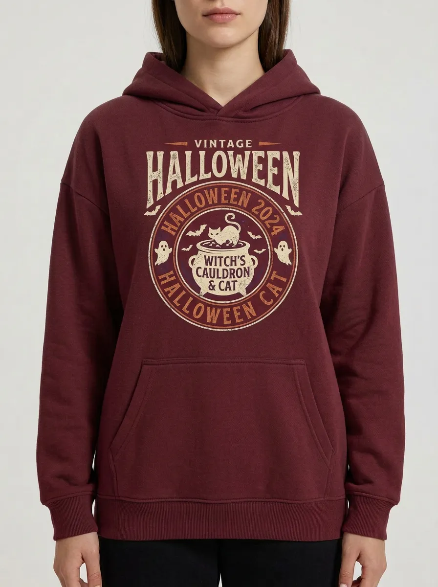 Women's Vintage Halloween Witch Cauldron Cat Printed Hoodie