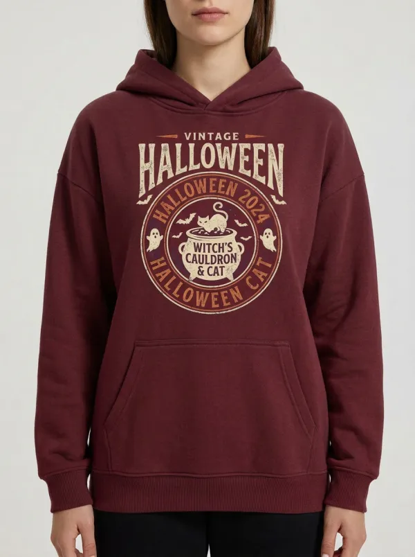Women's Vintage Halloween Witch Cauldron Cat Printed Hoodie