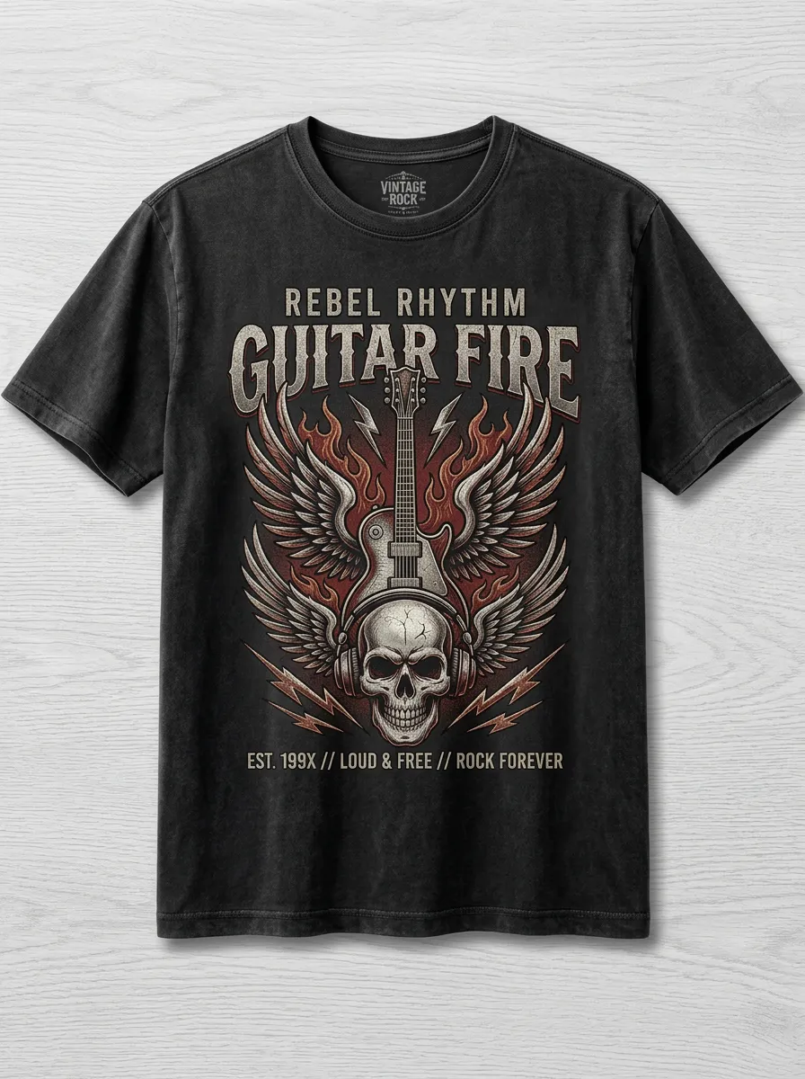 Men's Rock Music Skull Guitar Wings Printed T-shirt