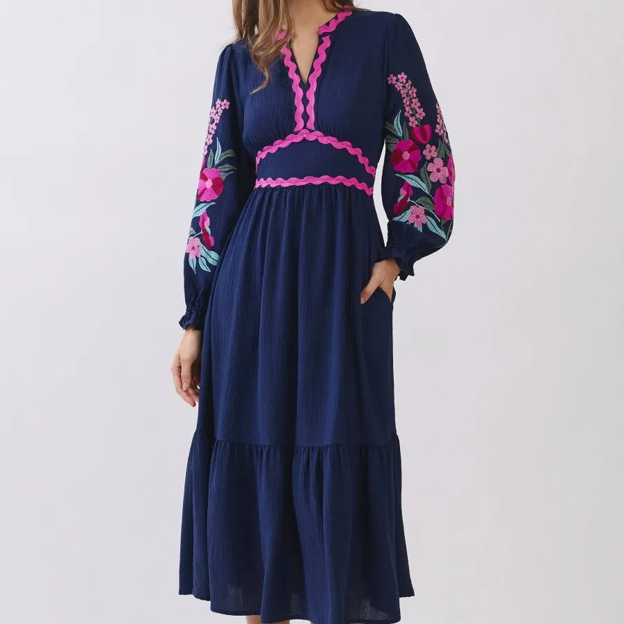 Floral Embroidered Tiered Ruffle Detail Dress