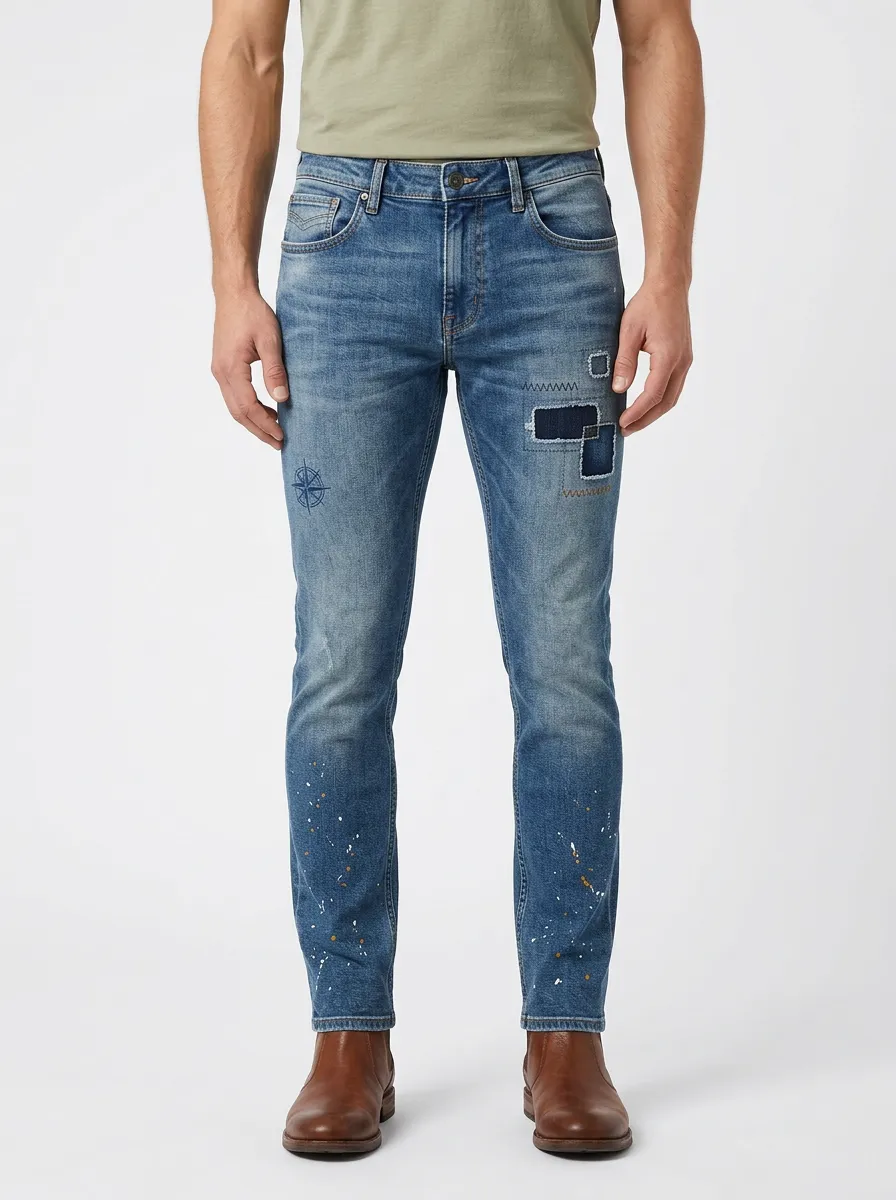 Men's Compass Patchwork Paint-Splatter Graphic Slim-Fit Jeans