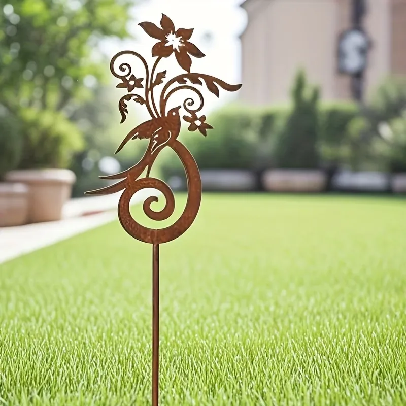 Rusty Bird & Flower Garden Stake