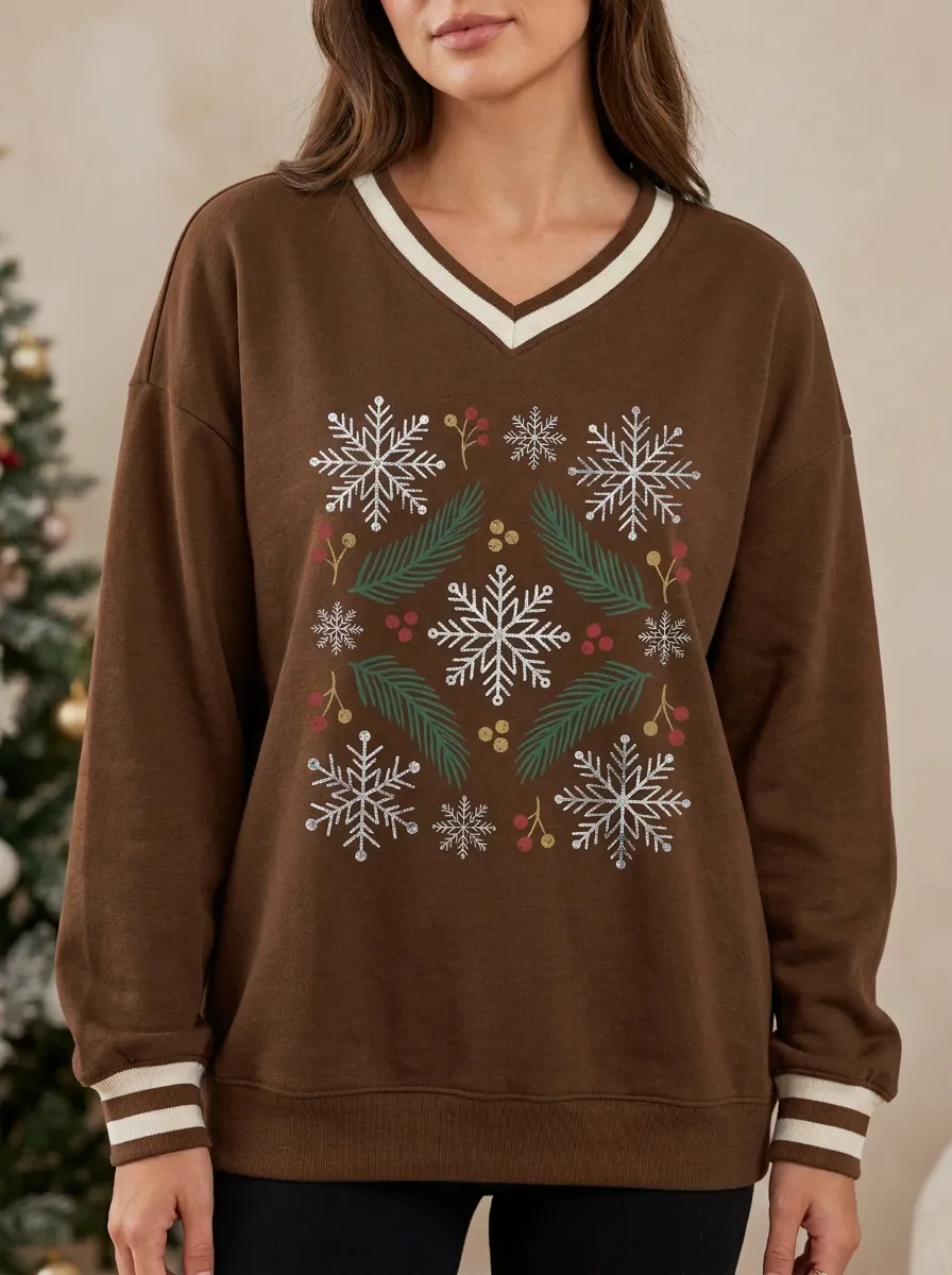 Christmas Snowflake Pine Branch Berry Print V-Neck Sweatshirt