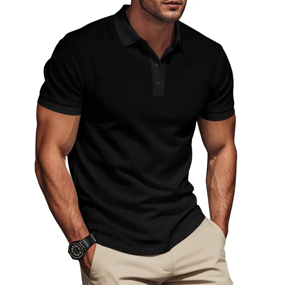 Men's Elegant Structured Polo Shirt With Classic Collar Short Button Placket And Breathable Stretch Jersey