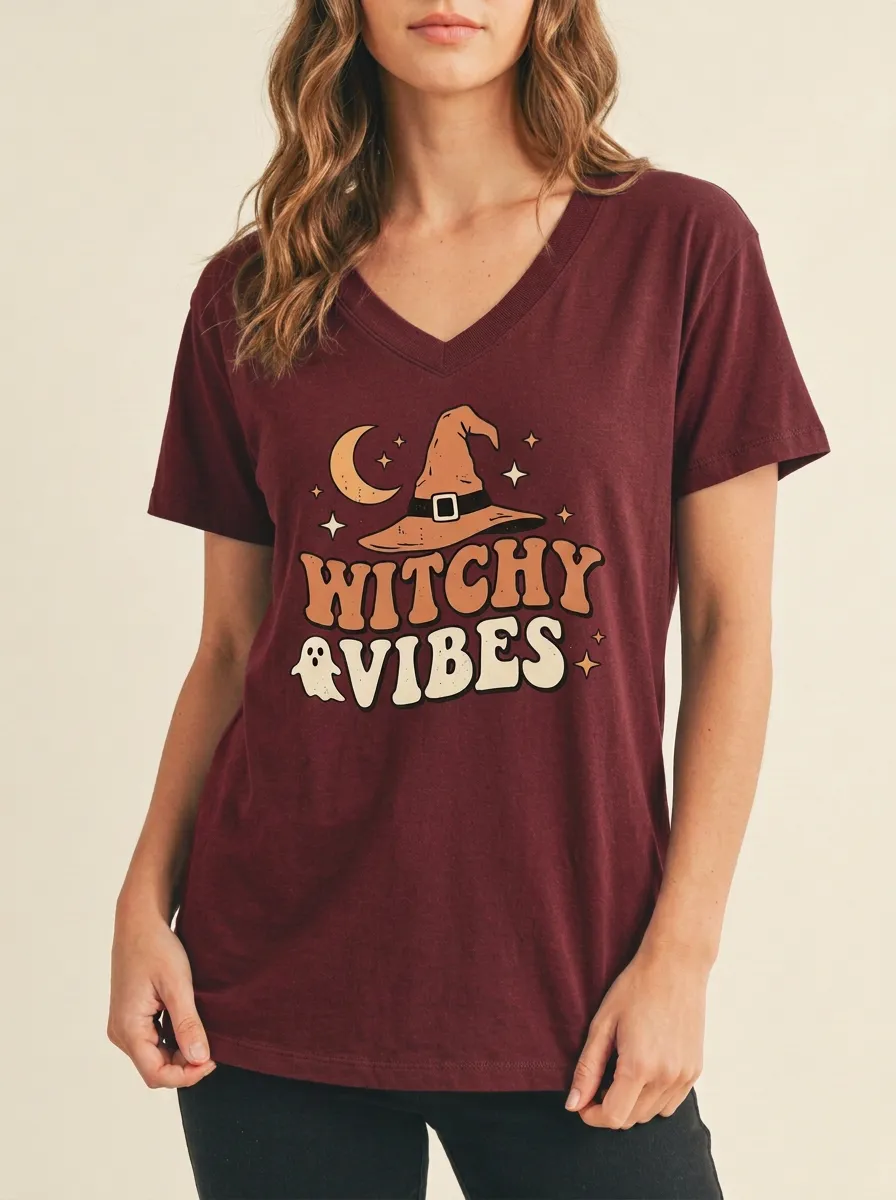 Women's Halloween Witchy Vibes Moon Ghost Hat Printed V-neck T-shirt
