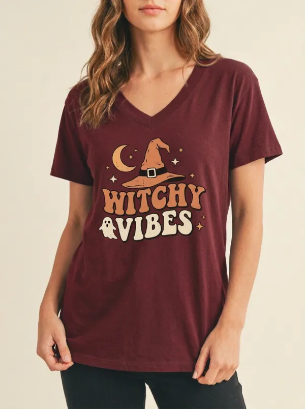 Women's Halloween Witchy Vibes Moon Ghost Hat Printed V-neck T-shirt