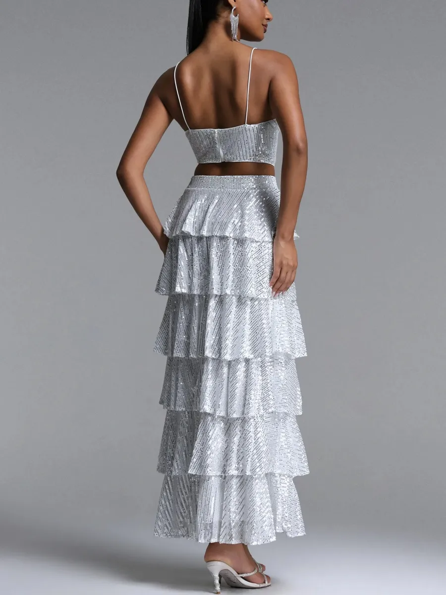 Seraphina   Sequin Cami & Tiered Ruffle Maxi Skirt Set