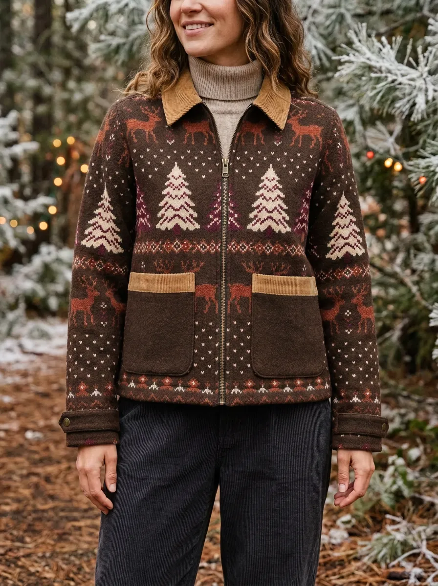 Christmas Reindeer & Pine Tree Print Zip-up Jacket