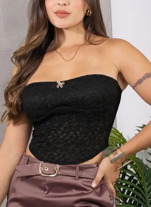 Lace Trim Strapless Blouse