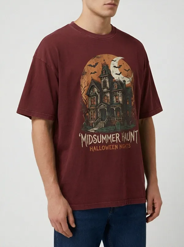 Men's Halloween Haunted House Moon Bats Printed T-shirt
