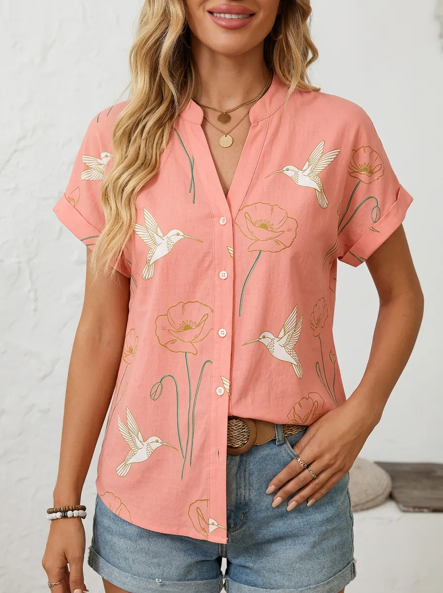 Hummingbird Poppy Floral Women's Loose Printed Shirt